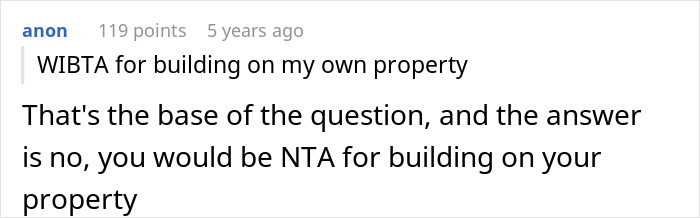 Screenshot of a Reddit comment discussing building on property, related to land dispute with rude neighbors.