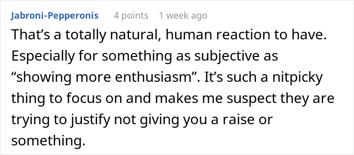 Comment discussing a worker who goes above and beyond but is told she&rsquo;s not doing enough, expressing frustration.
