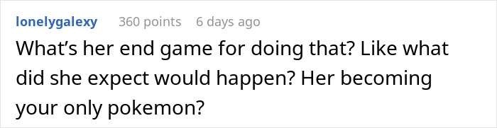 Comment from user lonelygalexy questioning wife's motives for getting rid of husband's Pok&eacute;mon card collection online.