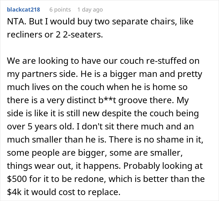 Reddit comment discussing heavier roommate causing uneven wear on couch and debating paying more for re-stuffing costs.