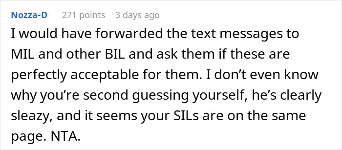 Comment discussing forwarding text messages about a creepy brother-in-law and family siding with him.