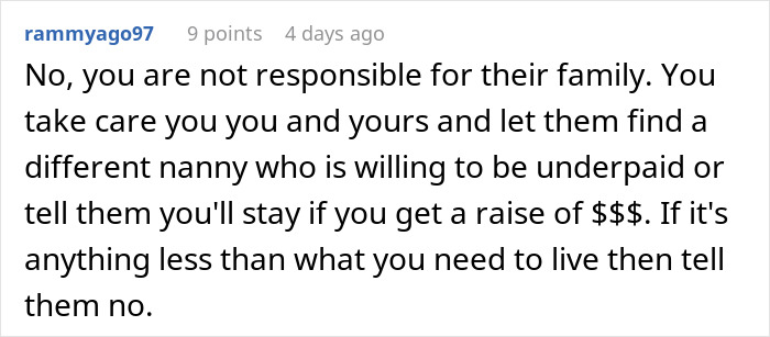 Comment discussing standing firm against parents' guilt-tripping when daughter-in-law refuses cheap babysitting requests.