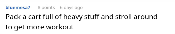 Screenshot of a Reddit comment about using heavy grocery carts to get more workout, related to losing weight at Costco.