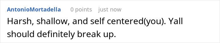 Comment text on a plain white background discussing a man's true colors revealed during vacation and advice to break up.