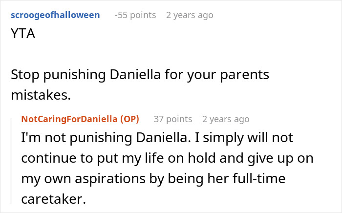 Reddit conversation where user refuses to be full-time caretaker for disabled sister, facing family accusations of ableism. Reddit conversation where user refuses to be full-time caretaker for disabled sister, facing family accusations of ableism.