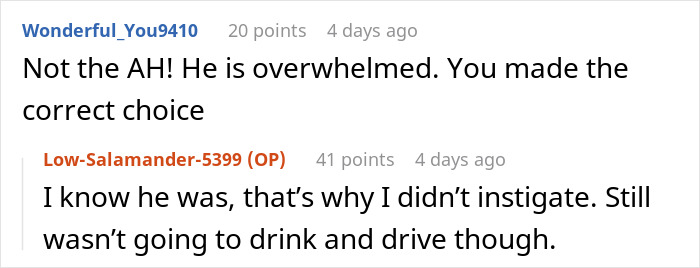 Screenshot of a Reddit conversation about a mom refusing to drive drunk to pick up her child while an argument ensues.