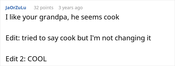 Comment on a post mentioning grandpa and funny edits about the word cook, relating to golden child lost parents money crypto.