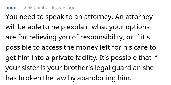 Text post advising to consult an attorney about legal options for autistic brother abandoned by sister who disappeared to Europe.