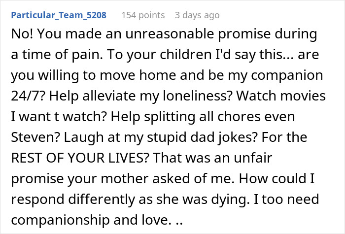 Screenshot of a forum comment discussing feelings about companionship and promises made during a dying wife's final moments.