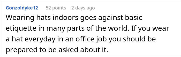 Comment about wearing hats indoors and being asked about it at an office, related to coworker makeup questions online debate.