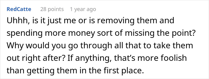 Comment discussing the irony of spending thousands on plastic surgery only to remove it, reflecting a single mom's harsh reality check.