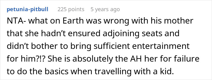 Screenshot of a Reddit comment discussing a teen refusing to entertain a stranger&rsquo;s kid on a 15-hour flight.