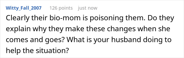 Screenshot of a comment discussing how stepkids turn cruel when their bio mom visits, causing emotional hurt.