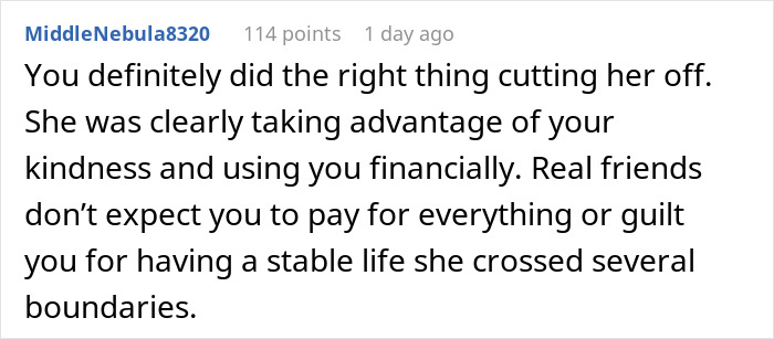 Comment about woman who believes friend forgot wallet, realizing she was duped and not thanked for financial help.