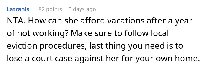 Comment on Reddit discussing eviction advice about a homeless friend mooching off a couple for months.
