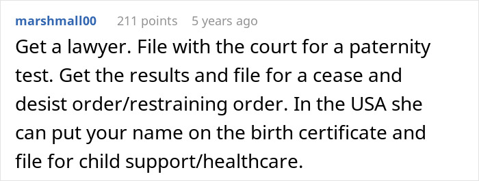 Screenshot of an online comment advising legal steps after a cheater&rsquo;s false baby claim to trap her ex.