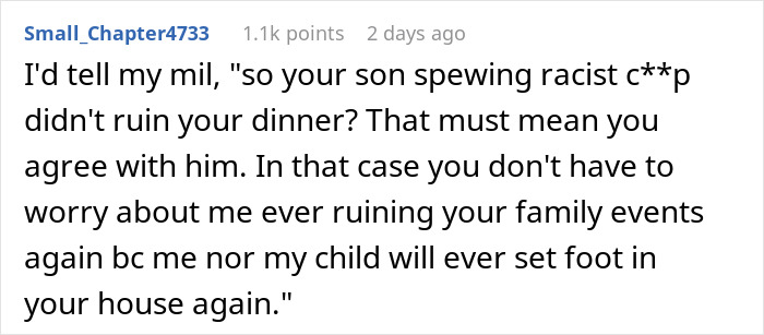 Alt text: Wife confronts brother-in-law for racist slurs during dinner while mother-in-law blames her for ruining the evening