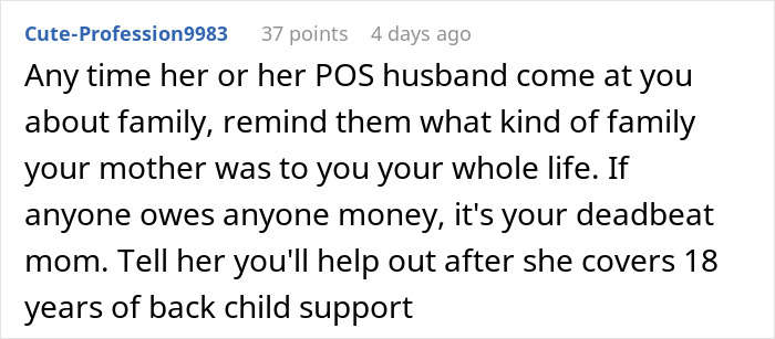 Screenshot of a forum comment discussing a bio mom abandoning her 4-year-old son and financial support issues years later. Screenshot of a forum comment discussing a bio mom abandoning her 4-year-old son and financial support issues years later.