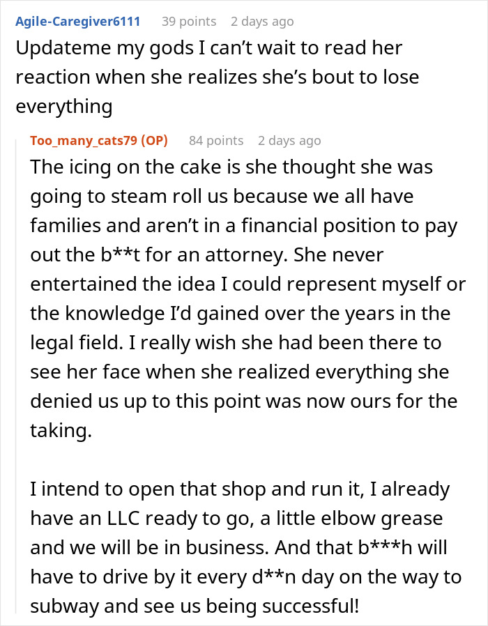 Alt text: Online discussion about grieving daughter determined to cause step-monster financial ruin through legal and business actions