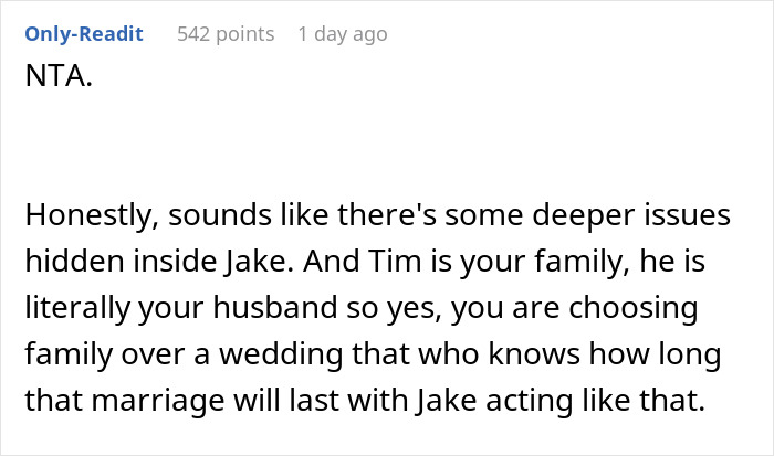 Screenshot of a Reddit comment discussing family conflict after a man mocks his brother-in-law and uninvites him from a wedding.