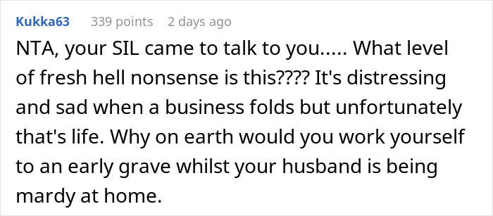 Screenshot of a Reddit comment discussing distress over a business failing and refusing to get a job or have a boss.