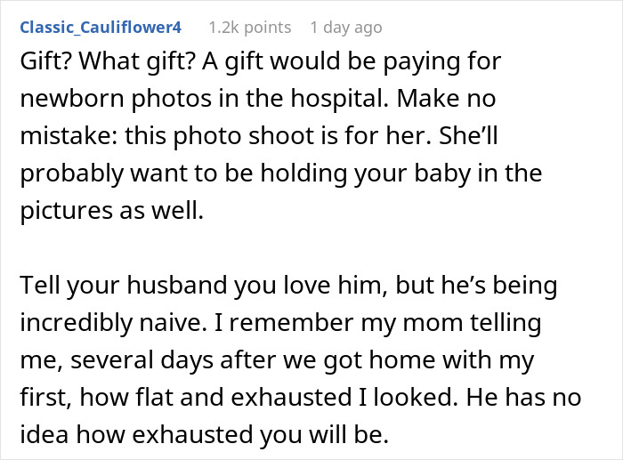 Text post discussing overbearing MIL booking newborn photoshoot right after DIL birth and husband siding with MIL.