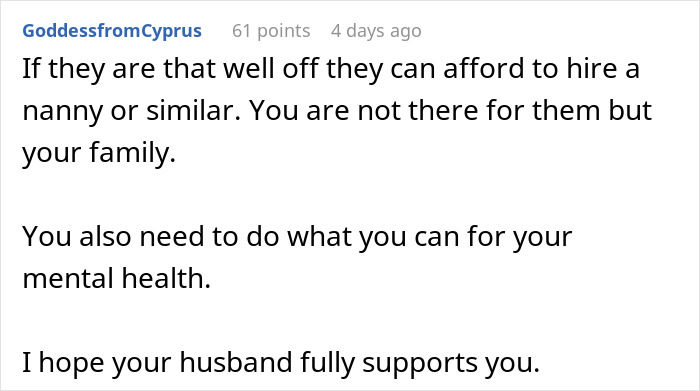 Comment about parents guilt-tripping daughter-in-law who refuses to be a cheap babysitter, highlighting family and mental health.