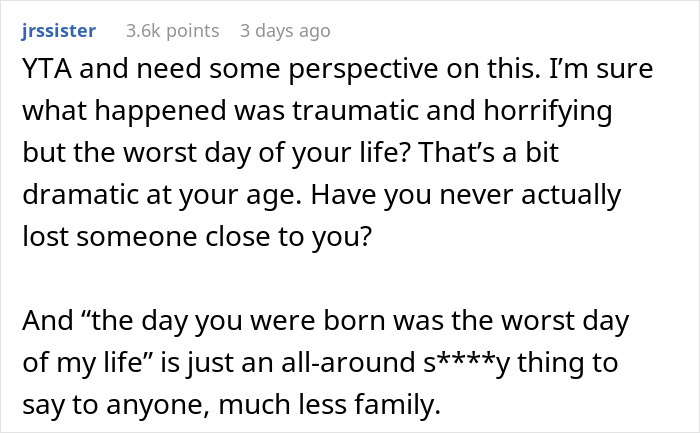 Screenshot of a Reddit comment discussing a woman making her brother feel hated after he thanks her for delivering him.