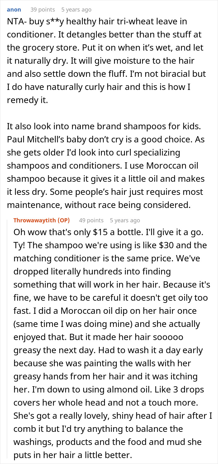 Comment thread discussing biracial daughter&rsquo;s curly hair care and debate on whitewashing and woke criticism.