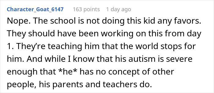 Comment discussing challenges faced by an autistic student and the responsibilities of parents and teachers.