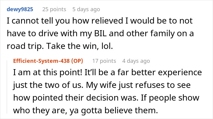 Screenshot of a Reddit discussion about family separate drive Disneyland road trip experiences and personal travel preferences.