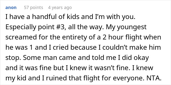 Screenshot of an online comment describing a toddler meltdown during a flight and a passenger confronting the mom.