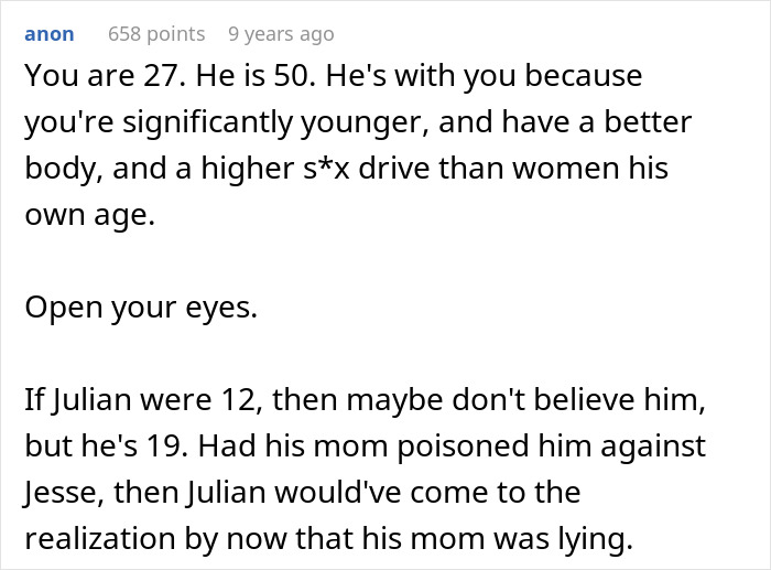 Comment explaining age gap dynamics and a wake-up call received by a woman bumping into boyfriend&rsquo;s grown son.