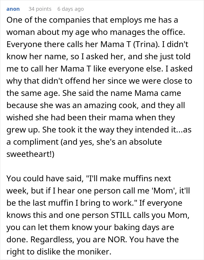 Text post discussing a woman accused of making things awkward at work by stopping baking for colleagues over a nickname.