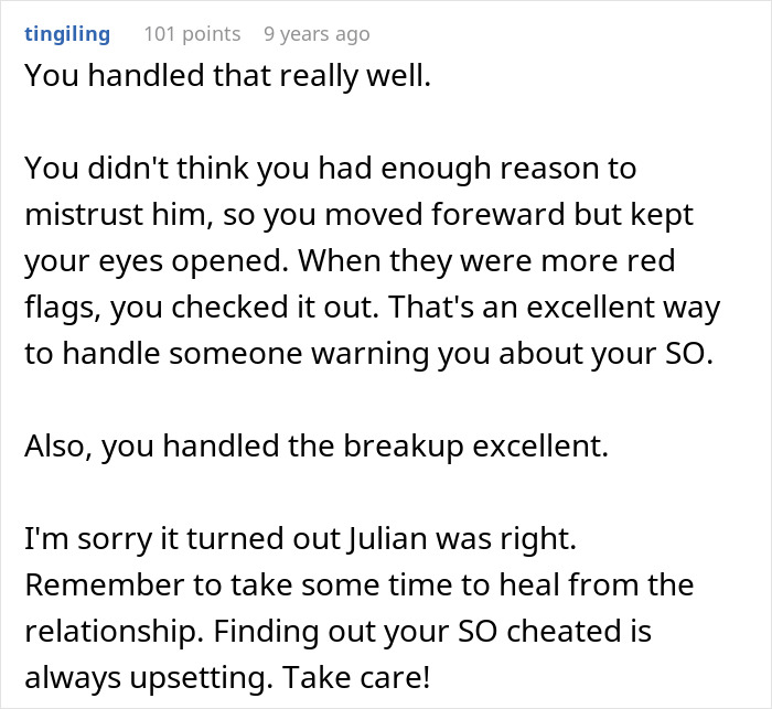 Comment on a post giving advice about handling a breakup and mistrust in a relationship with a boyfriend's grown son involved.