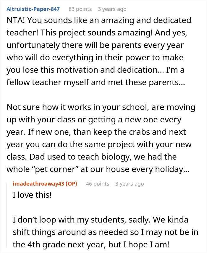 Reddit comments showing a teacher discussing giving kids hermit crabs as pets and facing backlash from parents.