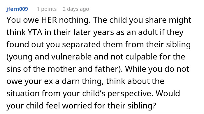 Text message discussing expectations of help from an ex-husband and concerns about children&rsquo;s perspectives in family conflicts.