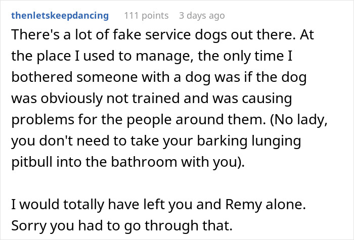 Comment discussing fake service dogs, mentioning untrained dogs causing issues and service dog fraud concerns.