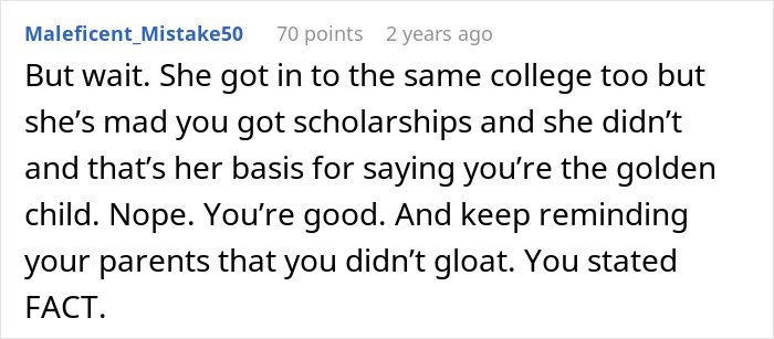 Comment explaining golden child perspective after sister gets into dream college, emphasizing scholarships and family dynamics.