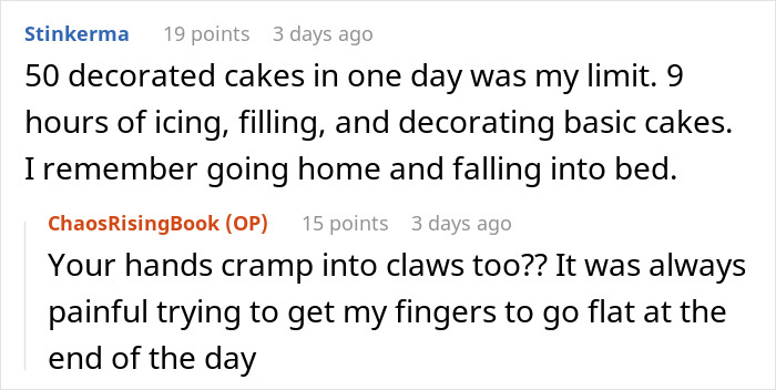 Woman takes revenge on bakery manager by skillfully icing and decorating cakes after a long, exhausting day.
