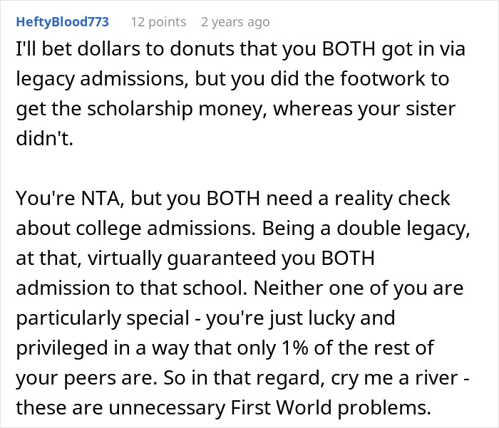 Comment discussing legacy admissions and the reality check for a golden child after sister's college acceptance.