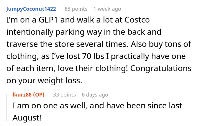 Reddit conversation about a woman&rsquo;s weight loss journey and how walking in Costco helped her lose 130 lbs.
