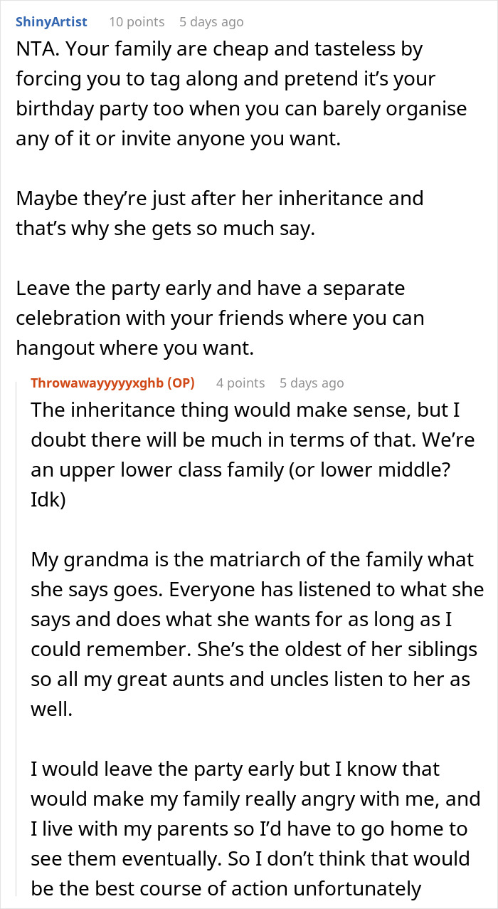 Online discussion about a 17-year-old venting on sharing a birthday with grandma, causing aunt to overhear and drama to unfold.