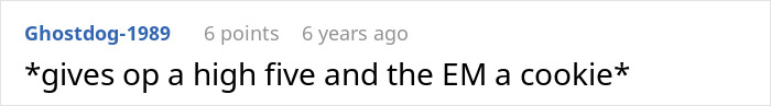 Screenshot of an online comment where a user offers a high five and a cookie in response to a story about a woman and her daughter’s boyfriend’s mom. Screenshot of an online comment where a user offers a high five and a cookie in response to a story about a woman and her daughter’s boyfriend’s mom.
