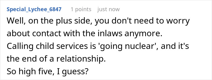 Screenshot of a Reddit comment discussing a couple banning toxic in-laws and the in-laws calling CPS in retaliation.