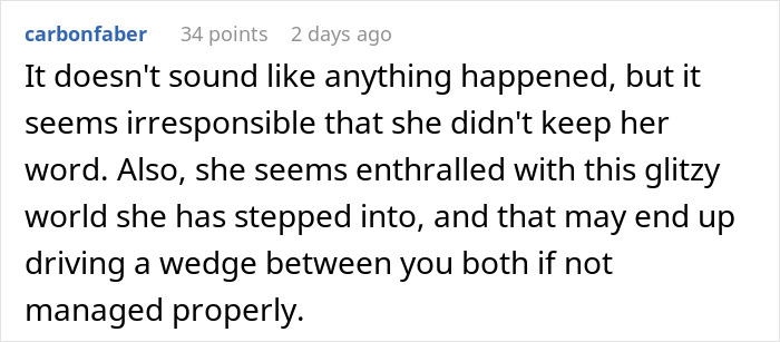 Screenshot of a comment discussing a woman going to a gala with her client as his date, causing relationship tension.