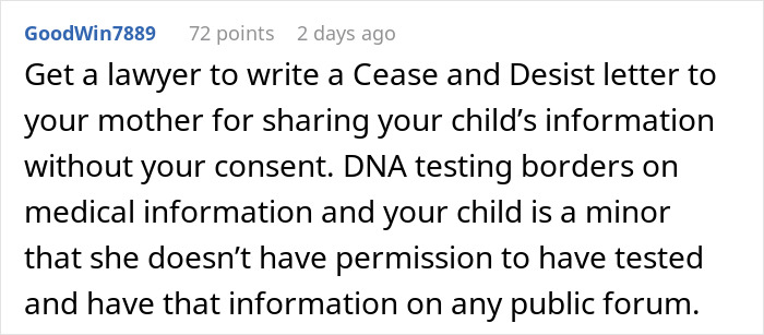 Comment discussing legal advice on stopping a mother from sharing child’s DNA test info without consent, highlighting ancestry test issues. Comment discussing legal advice on stopping a mother from sharing child’s DNA test info without consent, highlighting ancestry test issues.