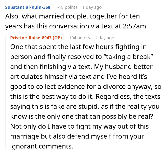 Text conversation showing a woman rethinking her marriage after husband&rsquo;s disturbing confession during late-night fight.