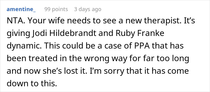 Comment discussing a wife needing a new therapist and the possibility of mistreated PPA affecting her behavior.