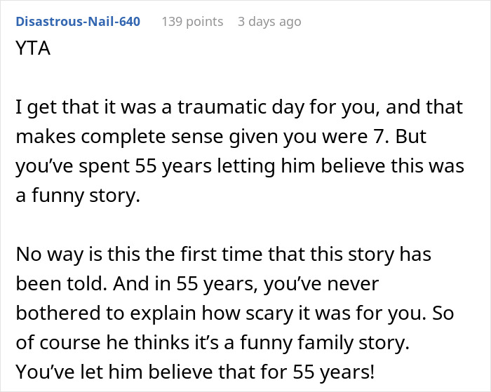 User comment discussing a woman making her brother feel hated after he thanks her for delivering him, reflecting on family trauma.